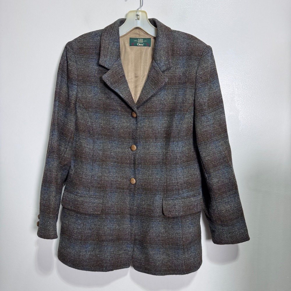 Orvis‎ Harris Tweed Blazer Womens 12 Brown Blue Plaid Wool Academic Jacket
